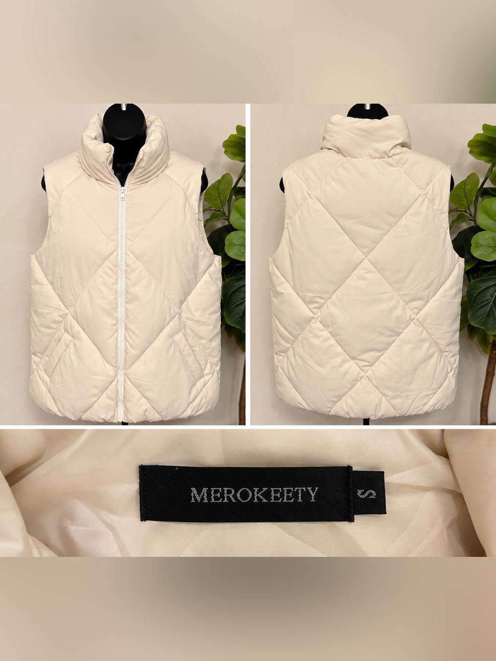 Merokeety Women's Cream Quilted Puffer Vest Oversized